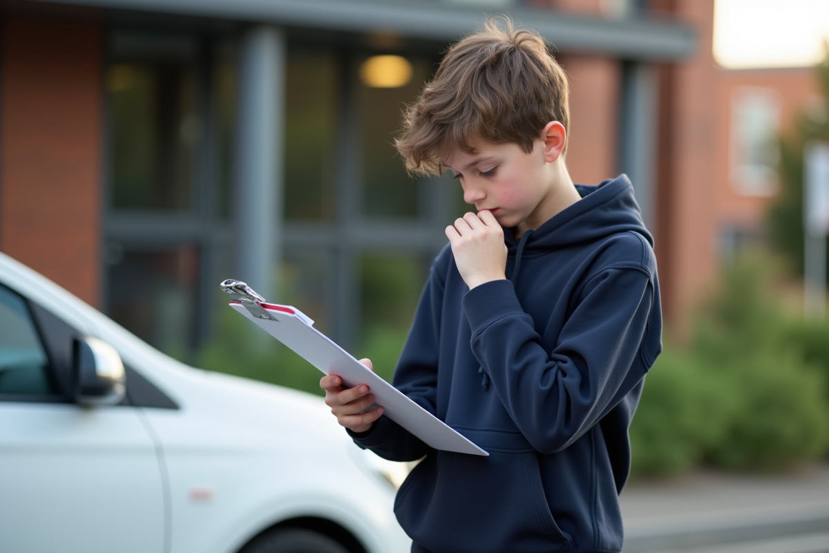 Adolescent avec un classeur devant une voiture en extérieur