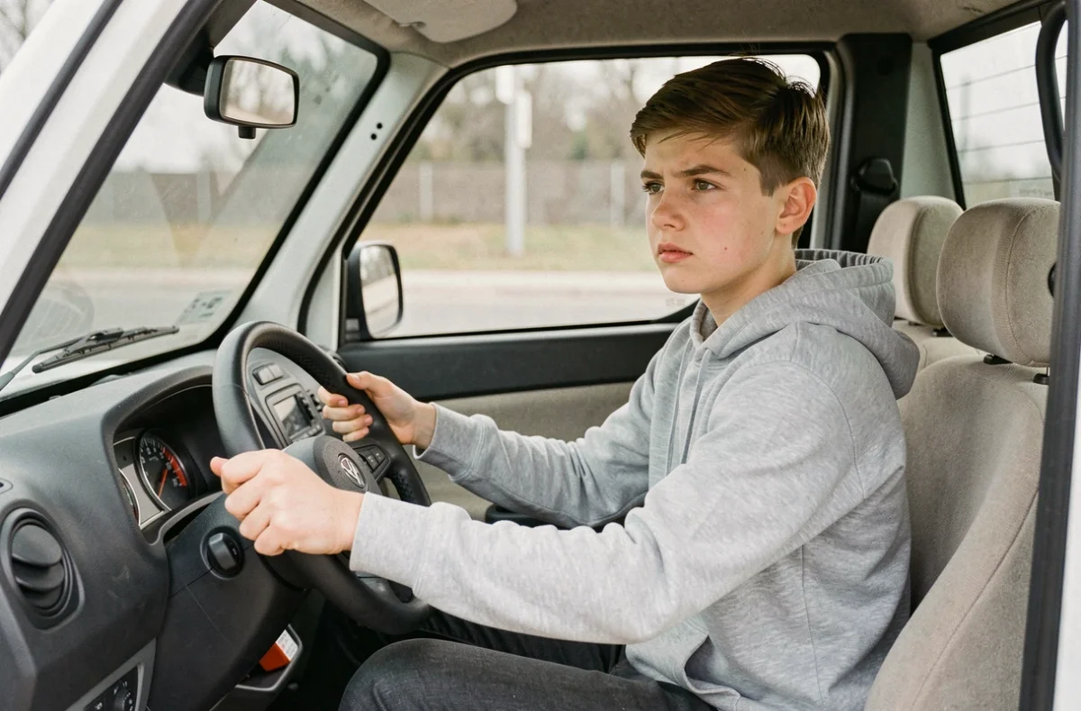 Jeune adolescent d'environ 14 ans assis au volant d'une voiture sans permis, mains sur le volant, expression concentrée