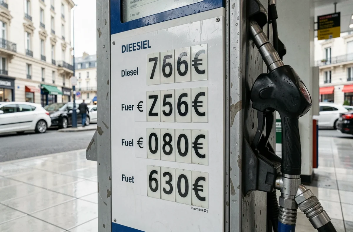 Panneau d'affichage du prix du gasoil à une station parisienne avec règlementation 2026