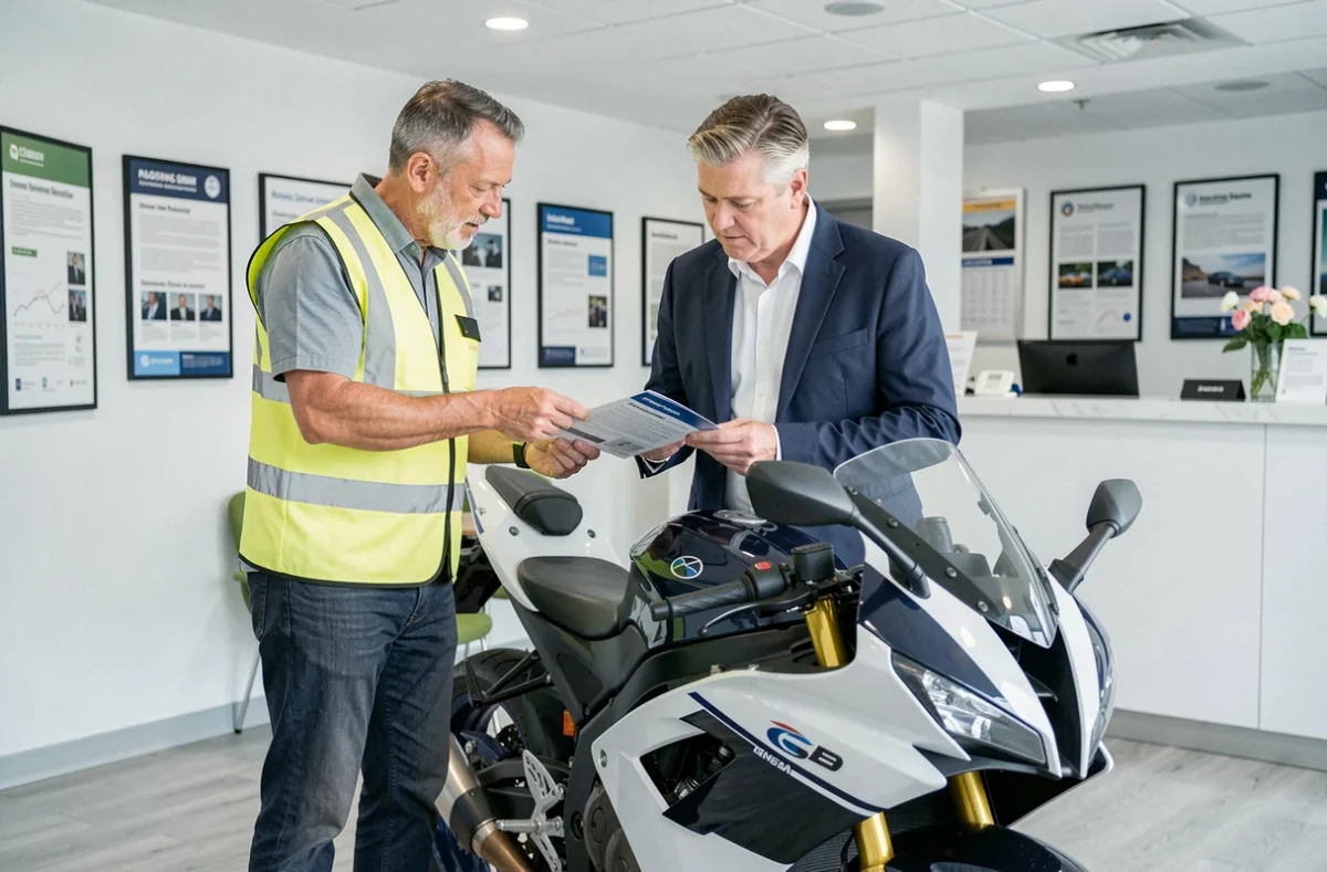Agent d'assurance et motard discutant d'un contrat d'assurance moto dans une agence professionnelle