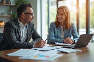 Agent d'assurance confiant expliquant la couverture aux jeunes