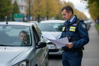 Agent de traffic ukrainien examine documents sur la route