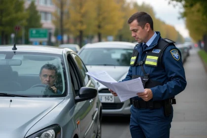 Agent de traffic ukrainien examine documents sur la route