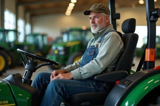 Agriculteur adulte testant un siège de tracteur ergonomique dans une concession agricole