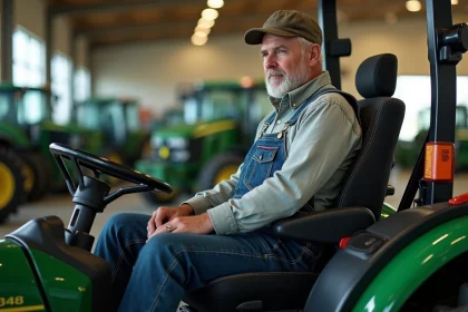 Agriculteur adulte testant un siège de tracteur ergonomique dans une concession agricole