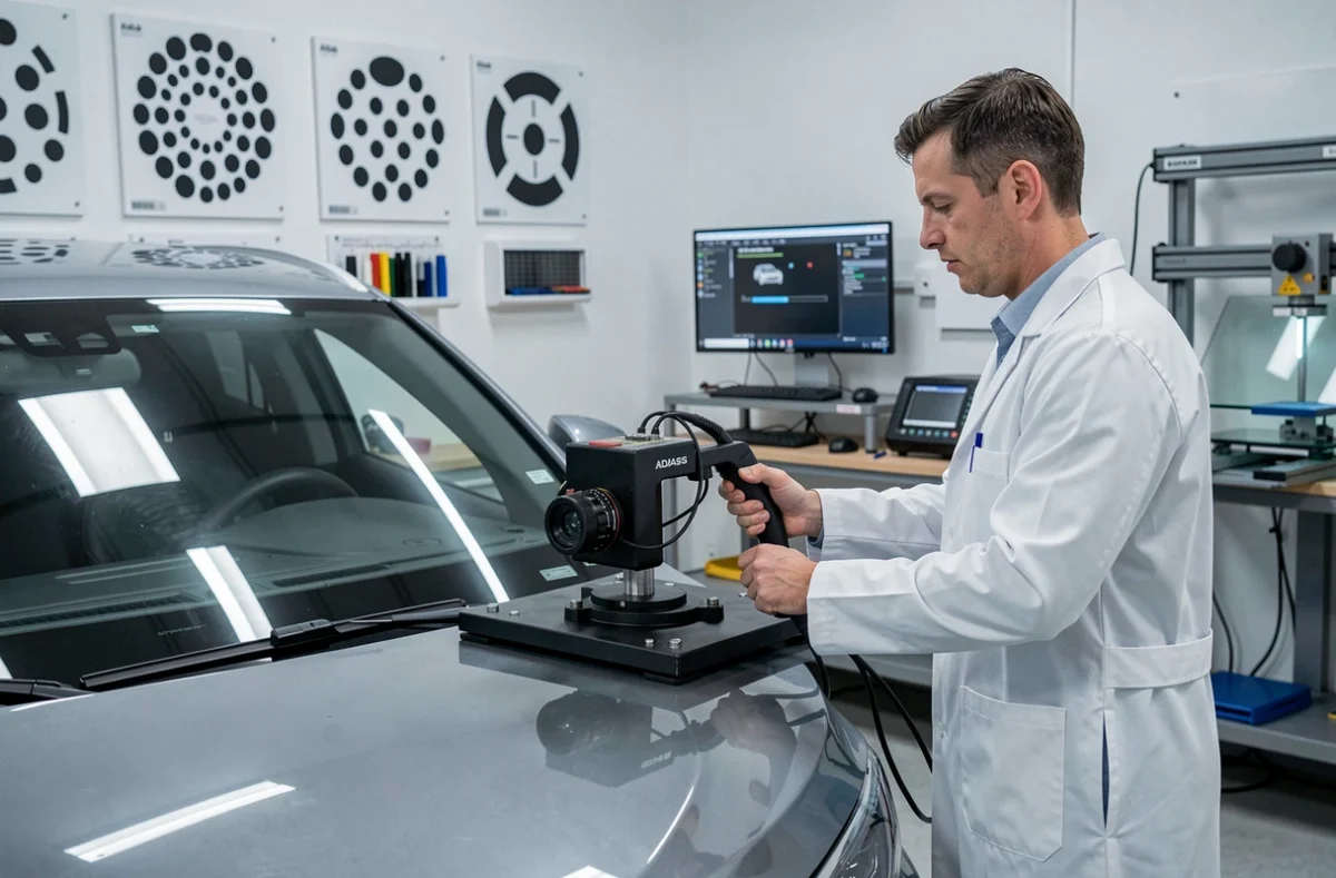 Technicien d'A+GLASS Châteaugiron effectuant un calibrage ADAS sur un véhicule moderne dans l'atelier de vitrage