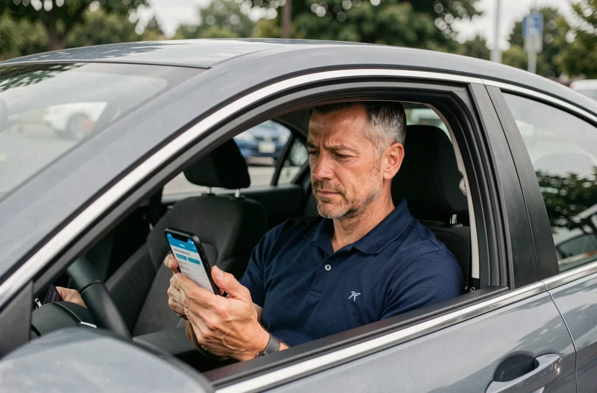 Homme souscrivant une assurance auto en ligne sur smartphone assis dans sa voiture garée