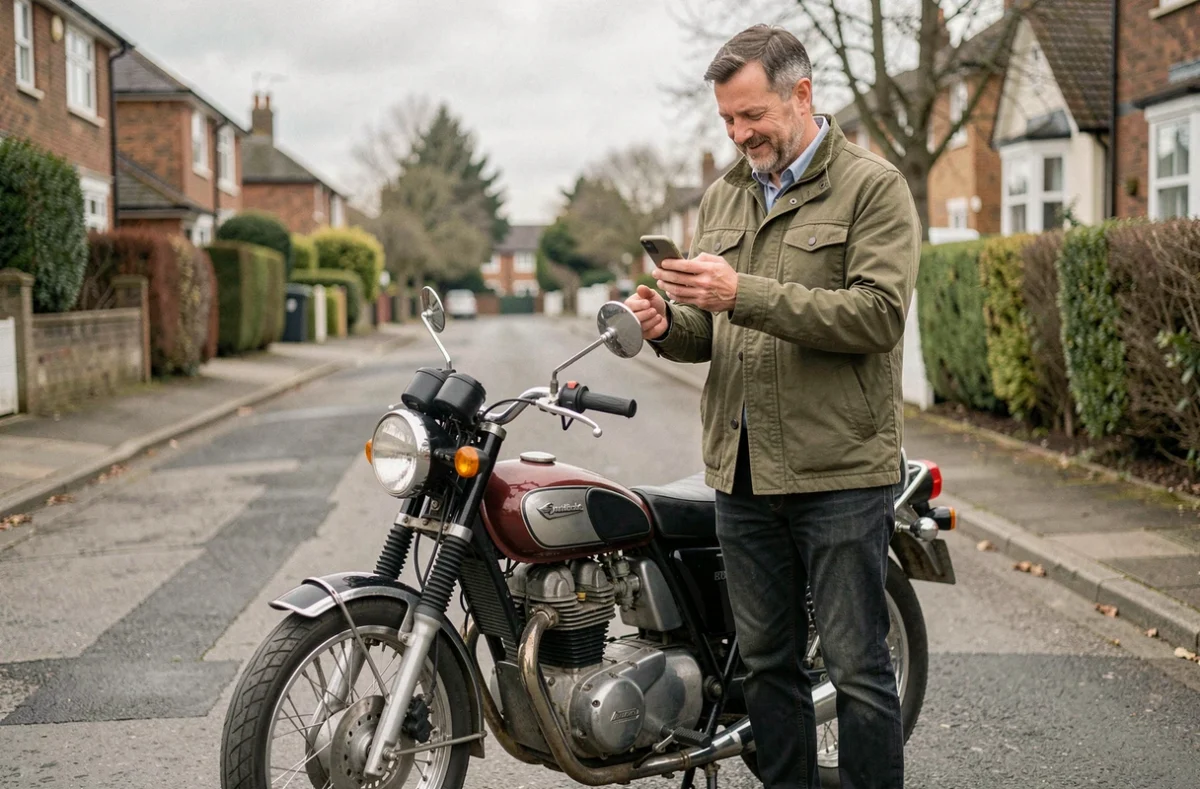 Motard petit rouleur vérifiant son assurance moto sur smartphone devant sa moto garée dans une rue résidentielle