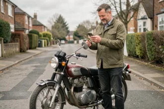 Motard petit rouleur vérifiant son assurance moto sur smartphone devant sa moto garée dans une rue résidentielle