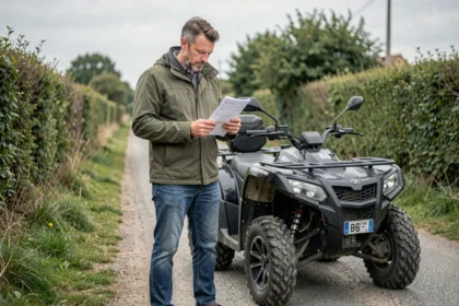 Propriétaire de quad homologué route consultant ses documents d'assurance au bord d'une route de campagne
