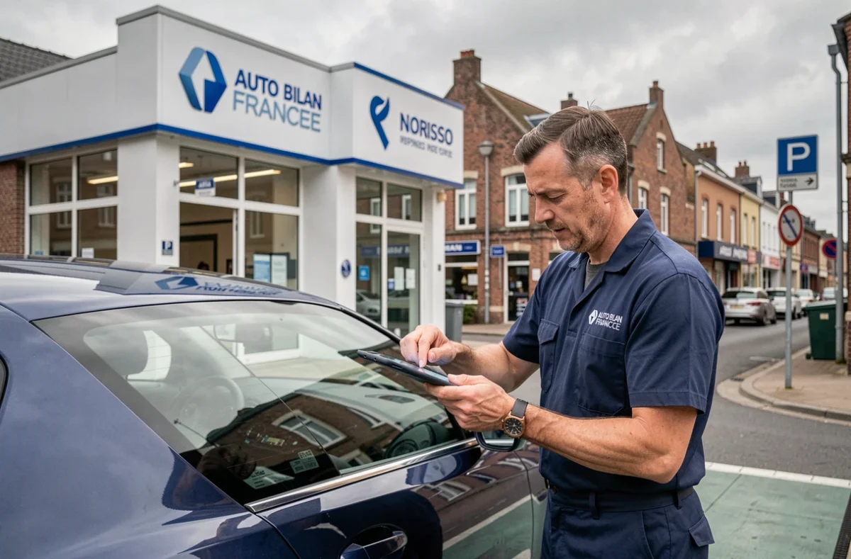 Centre Auto Bilan France Norisko à Arras, technicien utilisant une tablette de diagnostic