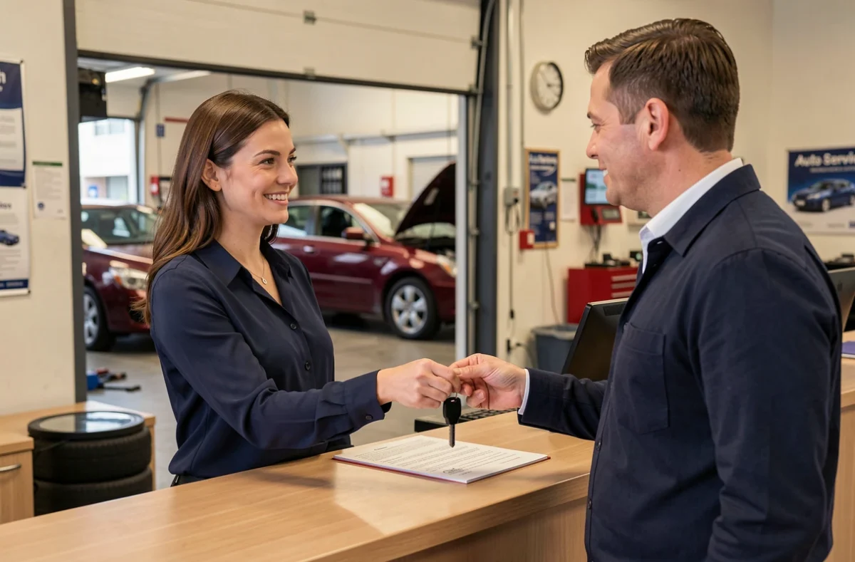 Réceptionniste d'Auto Services remettant les clés d'un véhicule réparé à un client satisfait