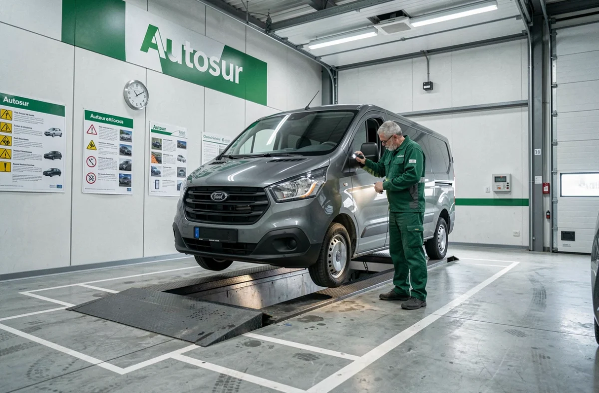 Centre Autosur à Calais, technicien inspectant le dessous d'un véhicule utilitaire gris