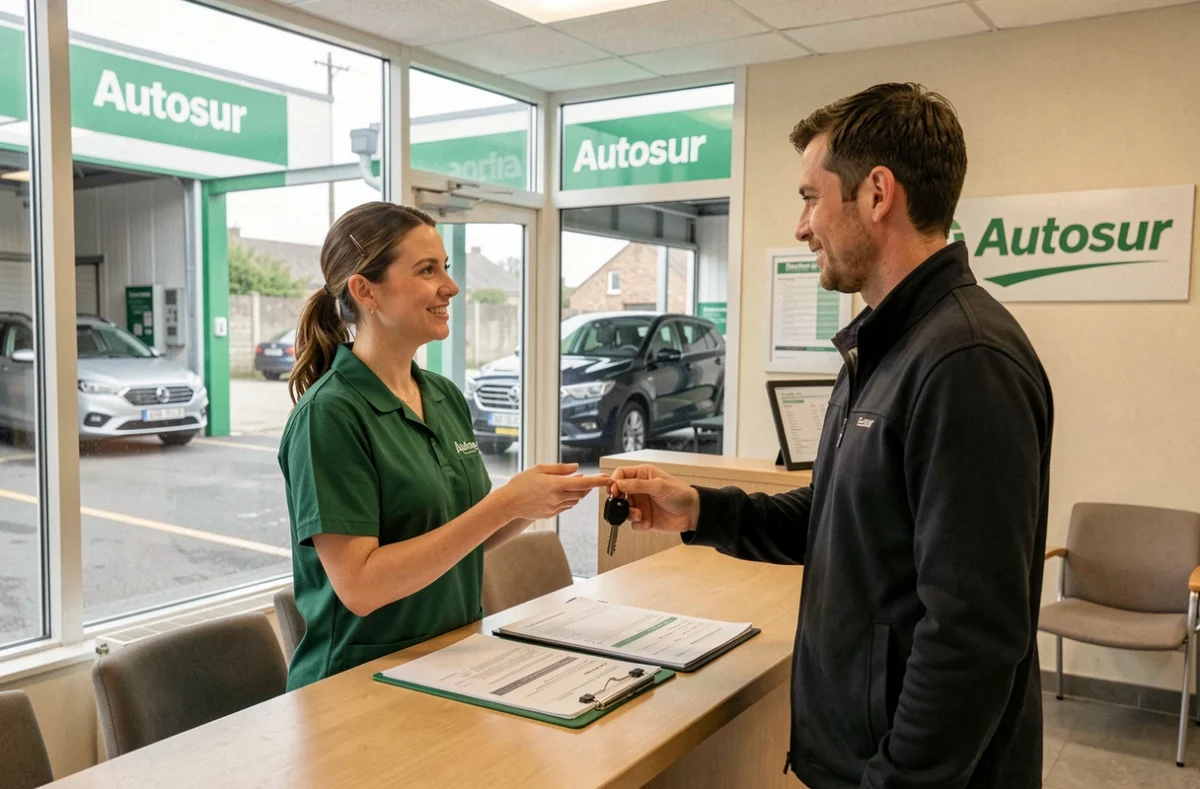 Centre Autosur à Laventie, technicienne accueillant un client à la réception du centre de contrôle technique