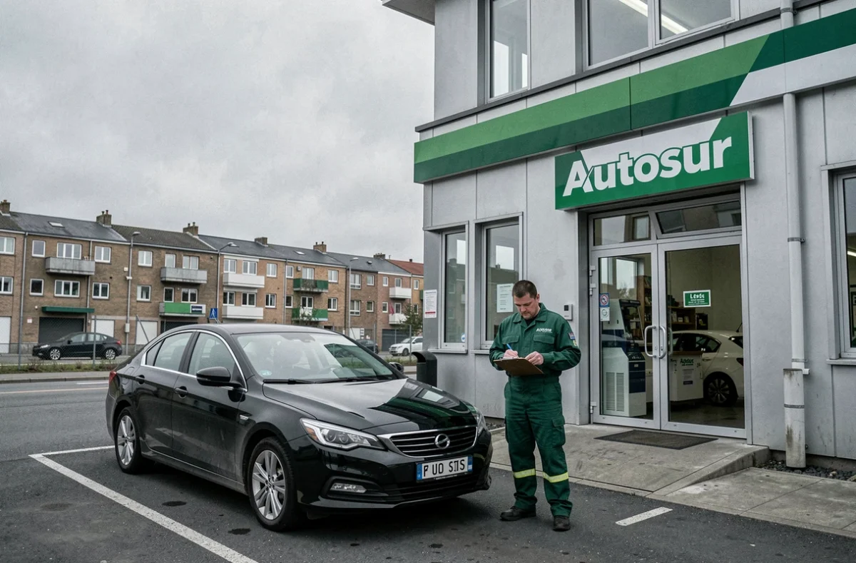 Centre Autosur à Lens, technicien complétant un rapport d'inspection à côté d'une berline noire