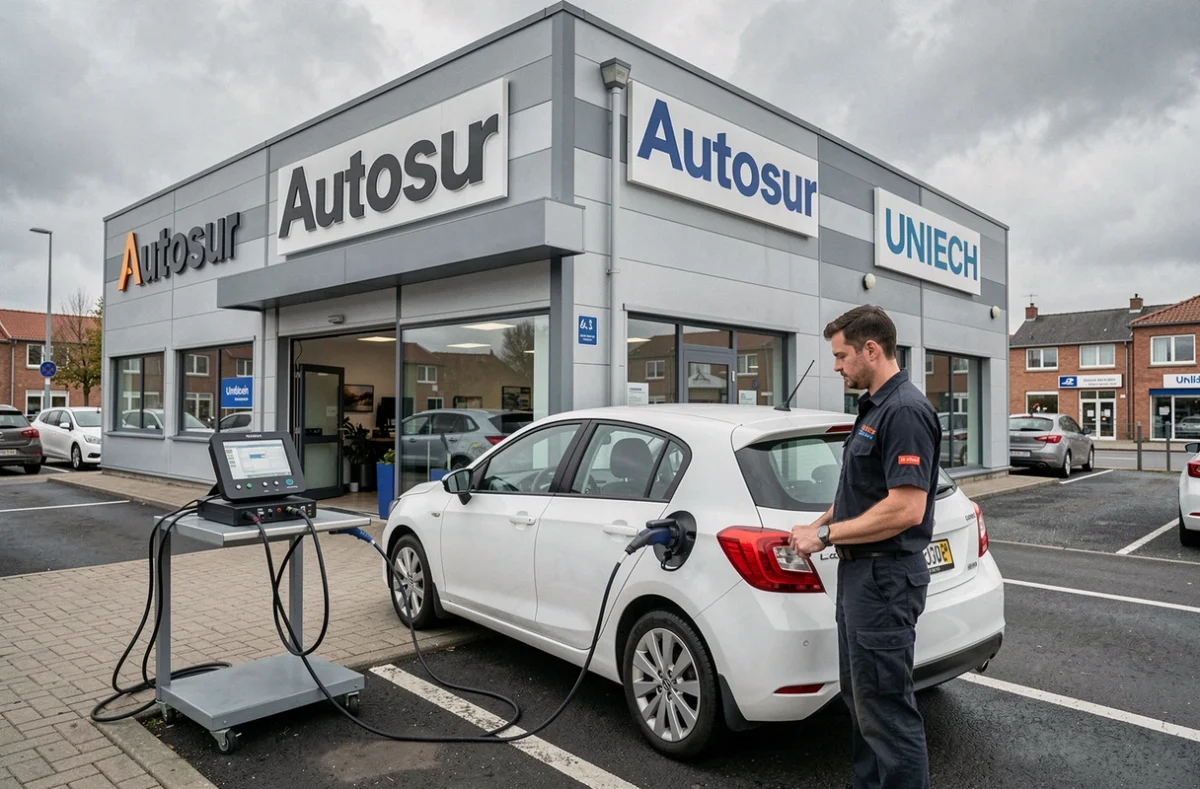 Centre Autosur Unitech à Liévin, technicien effectuant un test d'émissions sur une voiture blanche
