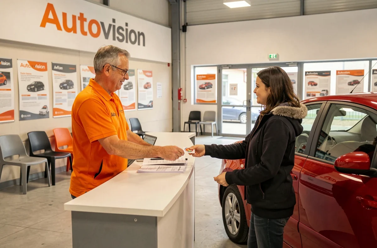 Centre Autovision à Arras, technicien remettant les documents de contrôle technique à une cliente