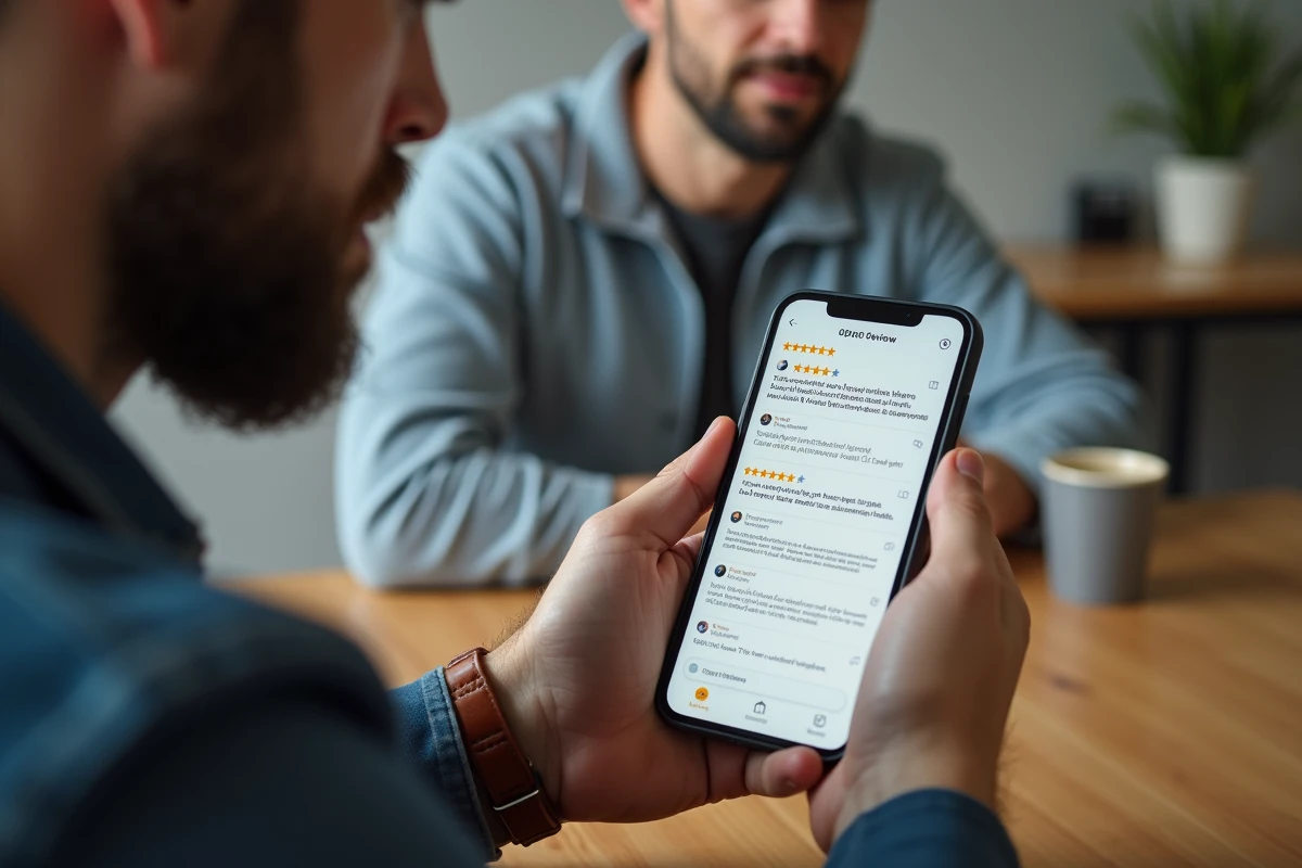 Homme lisant des avis clients divisés sur Centrale Pneus sur son smartphone, entre expériences positives et négatives