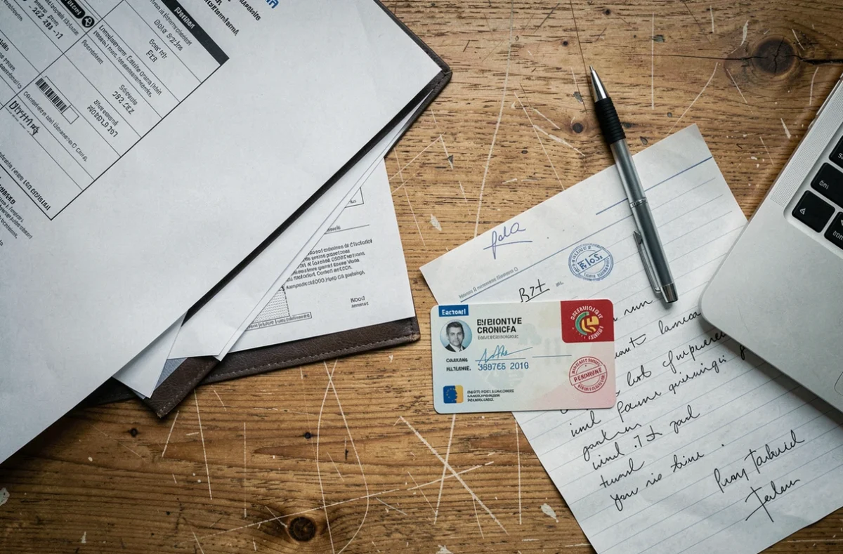 Vue aérienne d'un bureau d'auto-école avec un permis de conduire et un dossier d'inscription