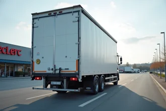 Camion de déménagement 20m3 avec hayon élévateur garé devant un centre commercial Leclerc
