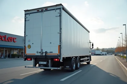 Camion de déménagement 20m3 avec hayon élévateur garé devant un centre commercial Leclerc