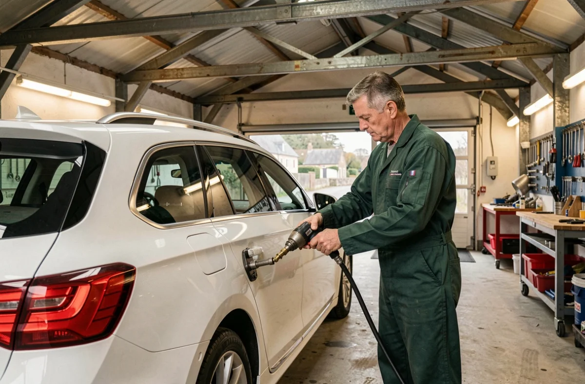 Technicien de la Carrosserie Du Scorff utilisant un débosseleur sur un véhicule break blanc