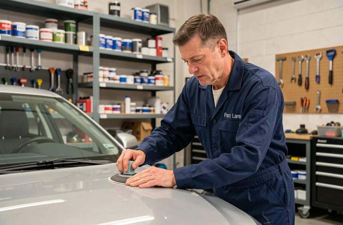 Technicien de la Carrosserie Parc Lann ponçant le capot d'un véhicule dans l'atelier
