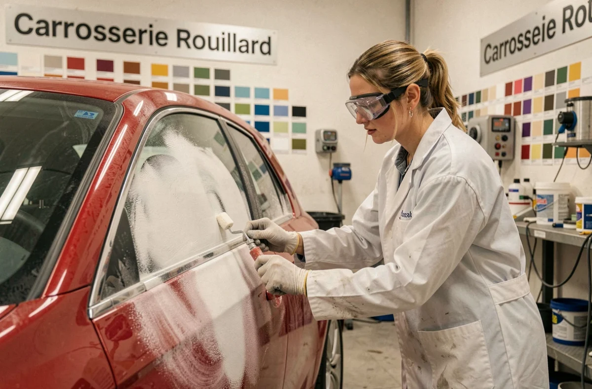 Spécialiste de la Carrosserie Rouillard appliquant du mastic de carrosserie sur un panneau de véhicule