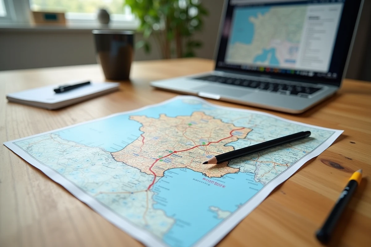 Bureau avec une carte imprimée des autoroutes régionales de France, un crayon et un surligneur pour planifier un itinéraire