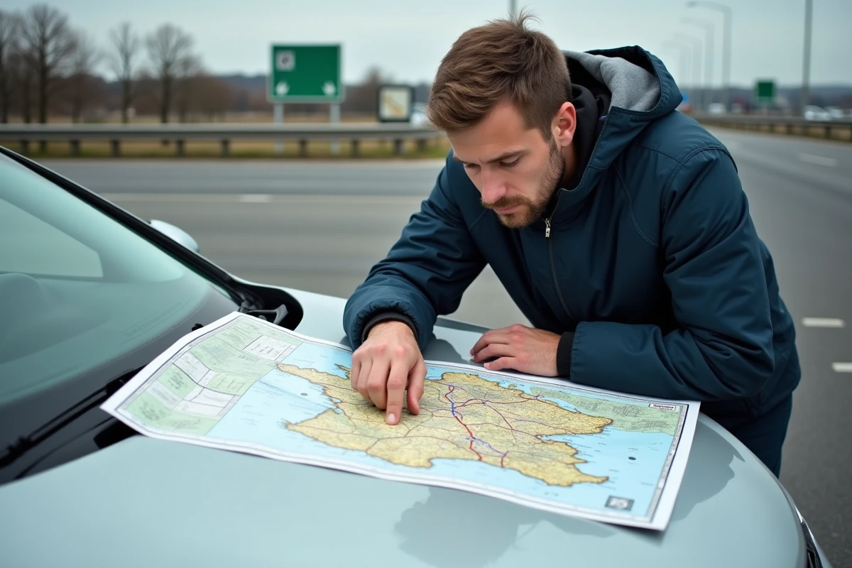 Homme consultant une carte routière régionale des autoroutes de France appuyé sur le capot de sa voiture dans une aire d'autoroute