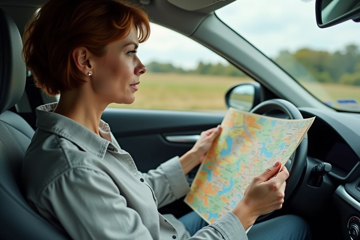 Femme passagère lisant une carte régionale des autoroutes du sud de la France dans l'habitacle d'une voiture en route