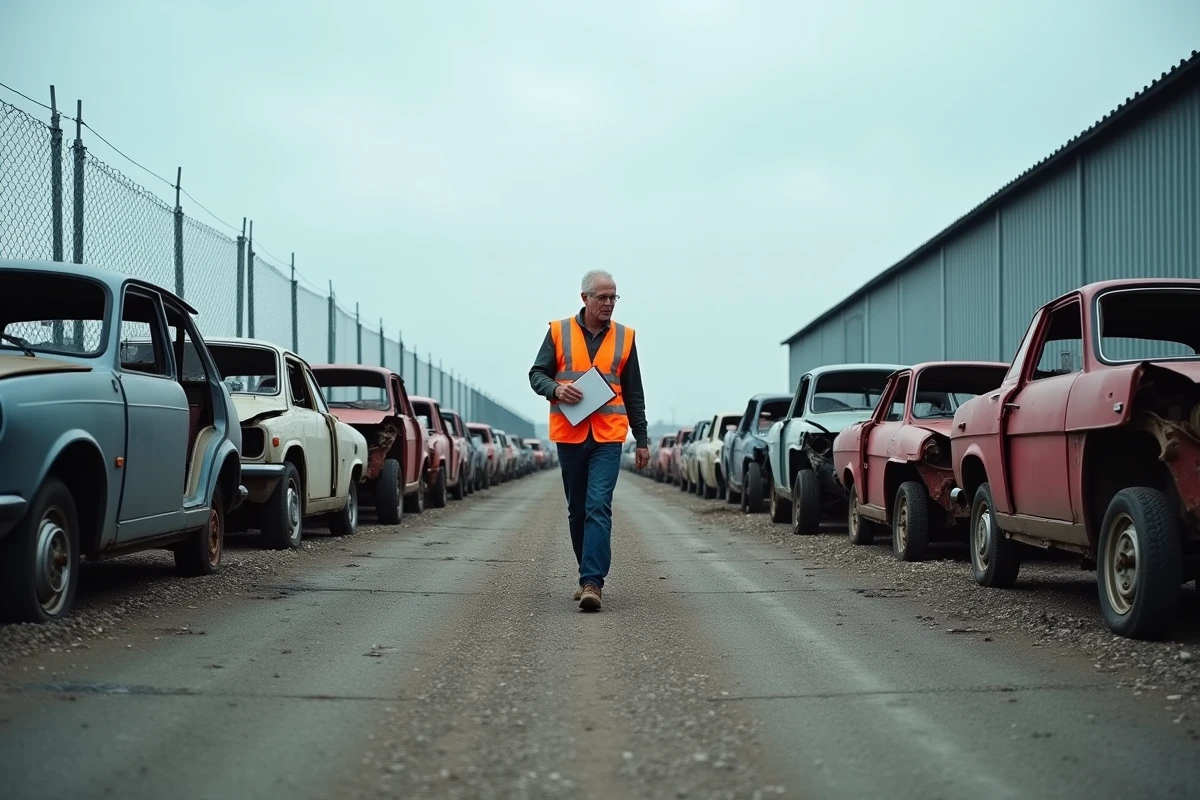 Vue extérieure d'une casse automobile dans la zone industrielle du Nord Pas de Calais avec rangées de véhicules hors d'usage