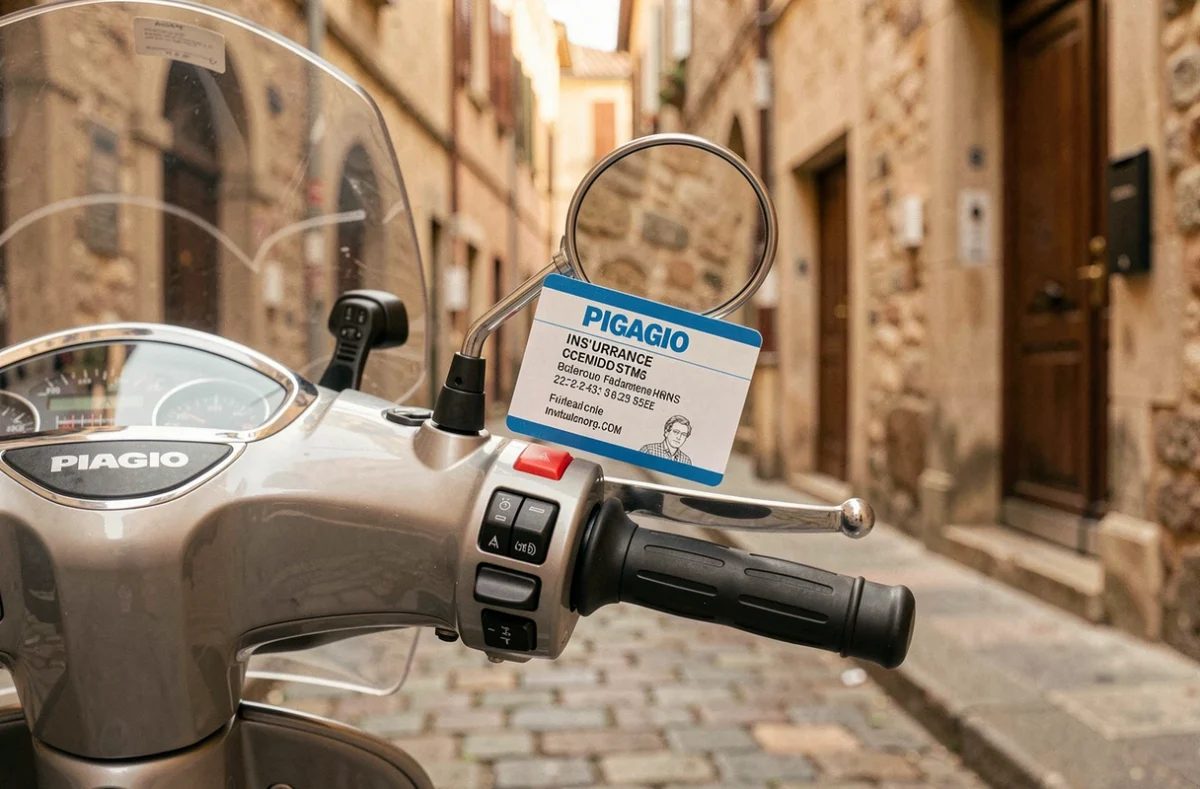 Certificat d'assurance scooter Piaggio glissé derrière le pare-brise dans une rue pavée européenne