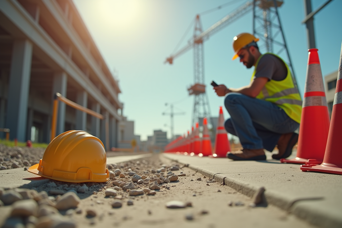 Ouvrier de chantier distrait regardant son téléphone sur le site