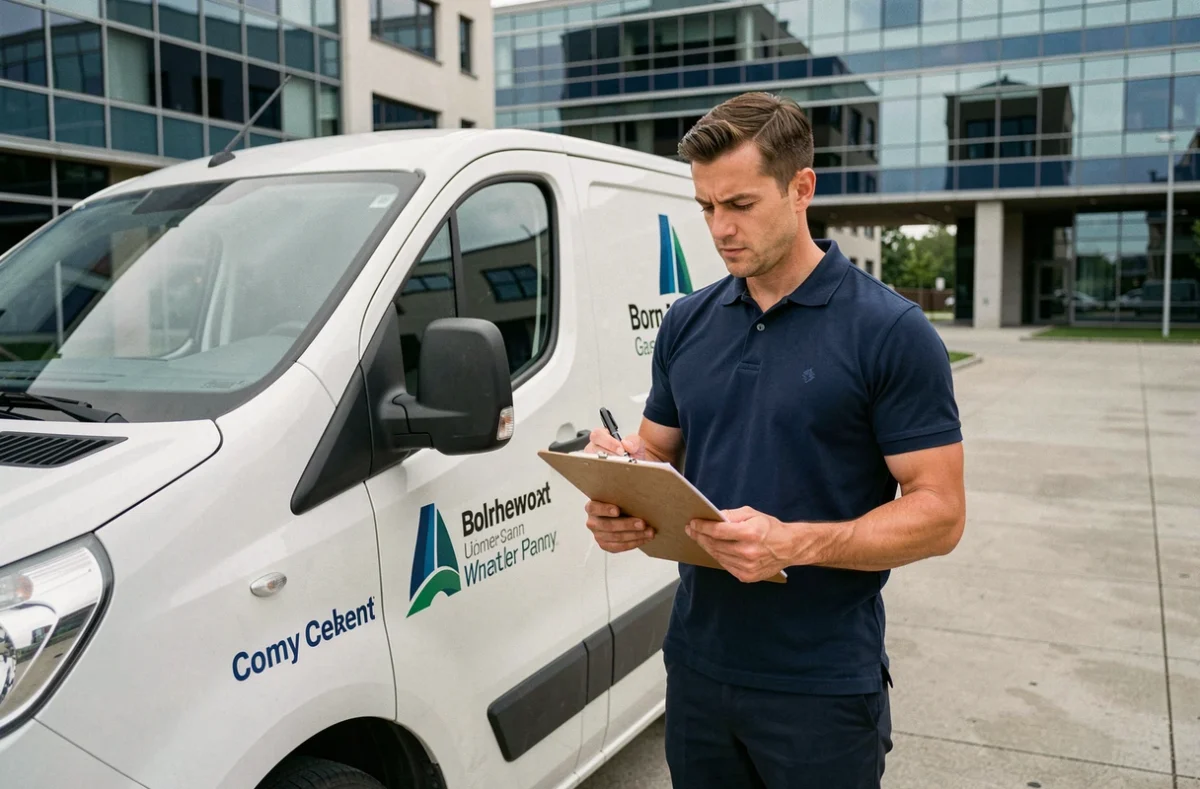 Chauffeur professionnel en polo marine consultant un devis d'assurance auto pro devant son véhicule utilitaire blanc en zone d'activité