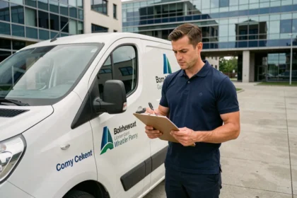 Chauffeur professionnel en polo marine consultant un devis d'assurance auto pro devant son véhicule utilitaire blanc en zone d'activité
