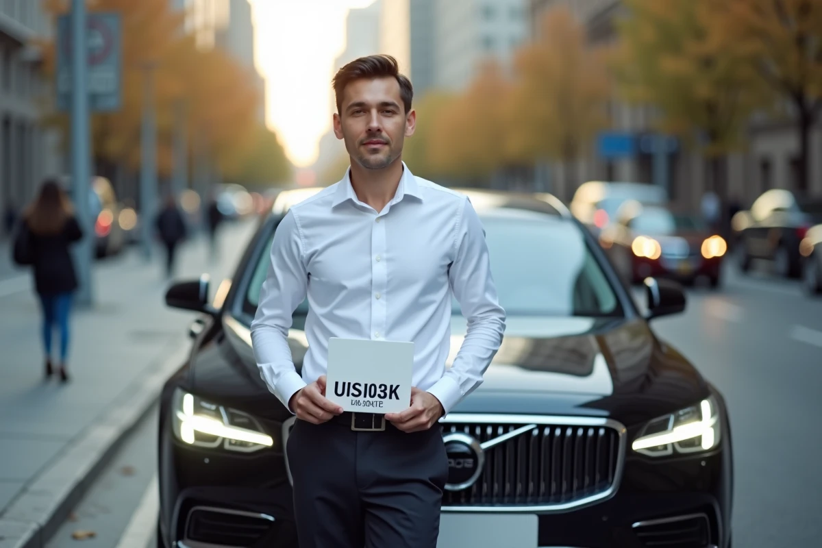 Chauffeur VTC tenant sa plaque professionnelle devant un véhicule berline en milieu urbain