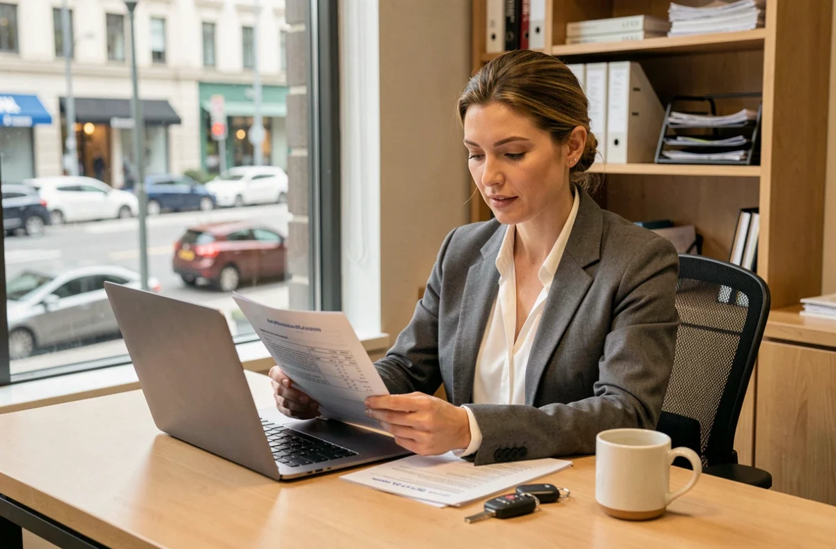 Cheffe d'entreprise étudiant un devis d'assurance automobile professionnelle sur son bureau avec clés de voiture et ordinateur portable