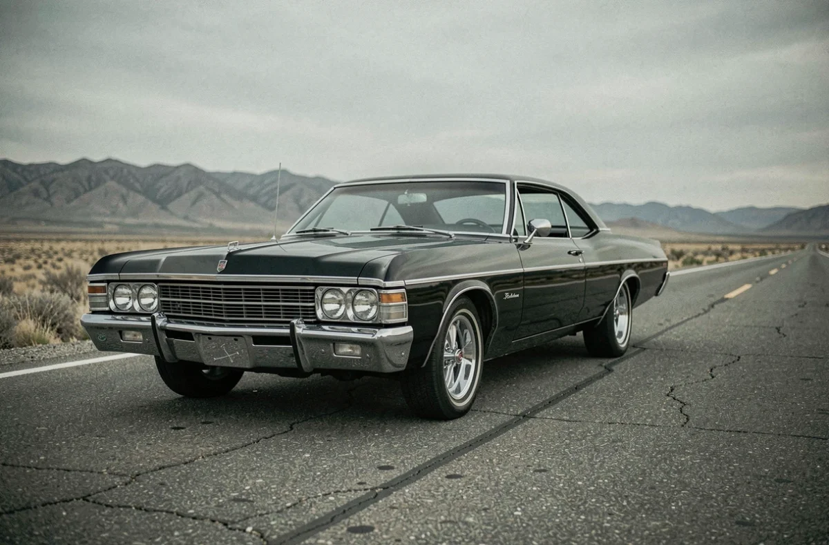 Chevrolet Impala 1967 noire garée sur une route américaine déserte évoquant la série Supernatural