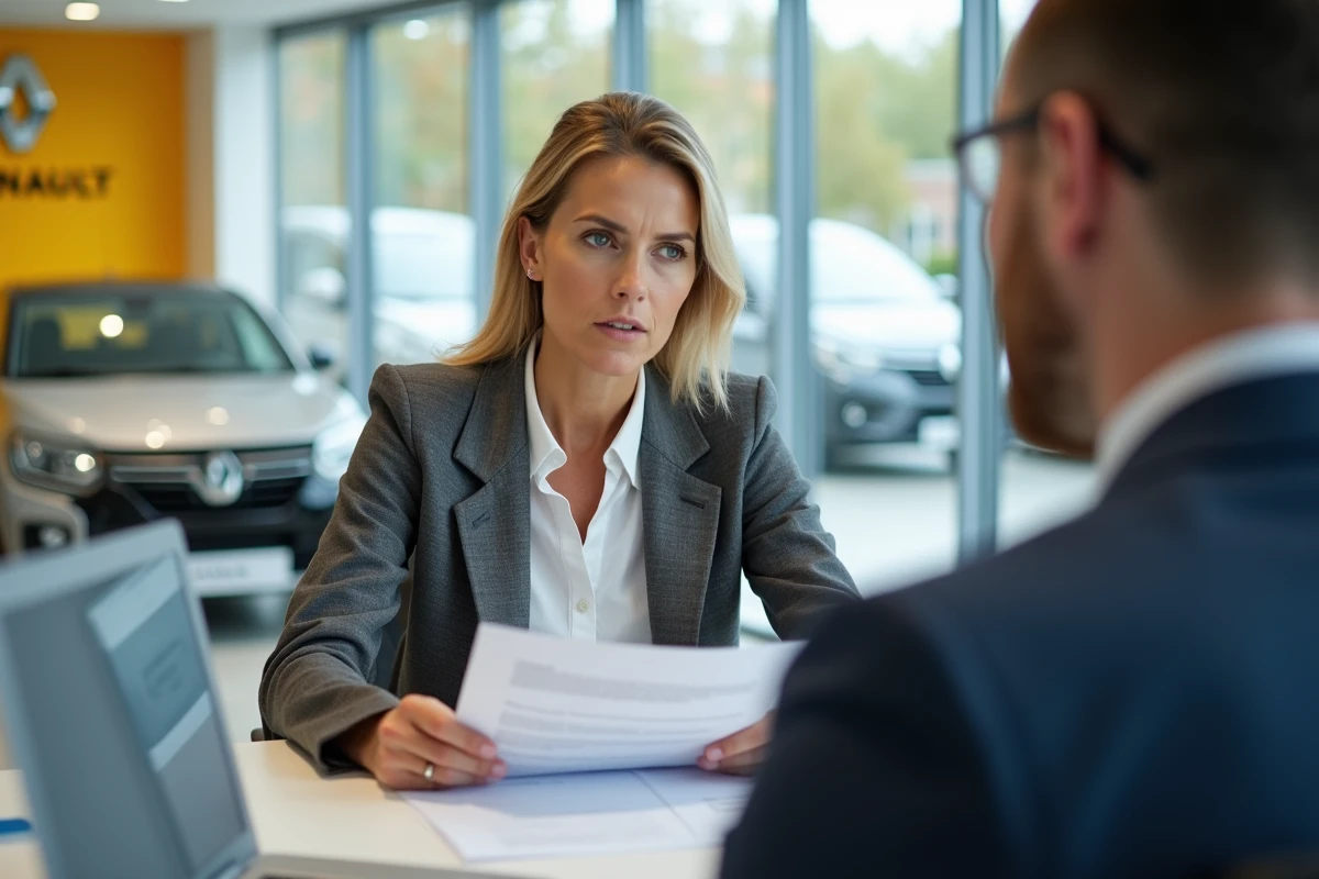 Cliente Renault examinant les garanties moteur TCe avec un conseiller en concession