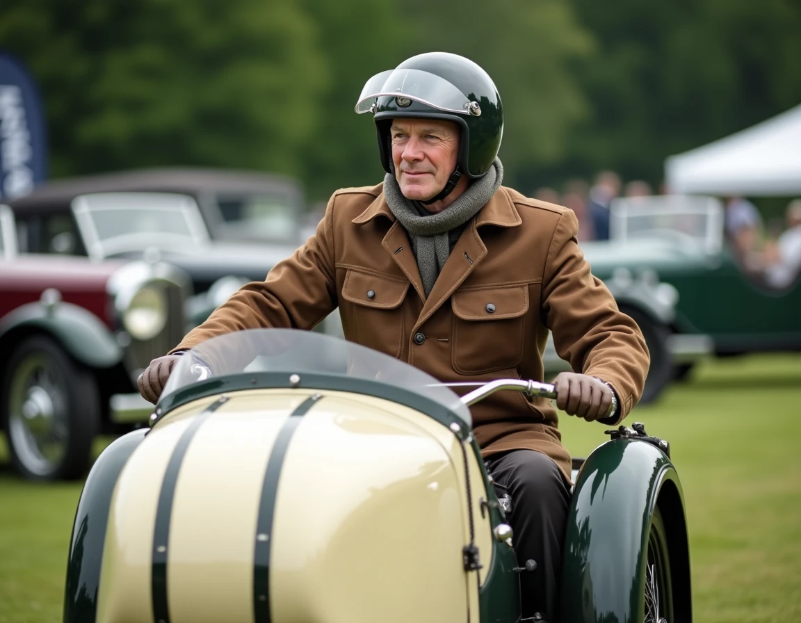 Collectionneur en tenue d'époque assis dans un sidecar moto d'avant-guerre crème lors d'un rallye de véhicules classiques en plein air