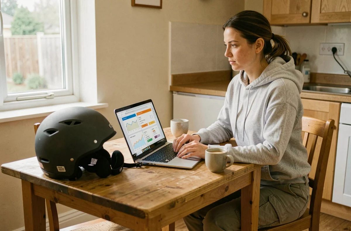 Femme comparant des offres d'assurance moto petit rouleur sur ordinateur portable à la maison avec casque sur la table