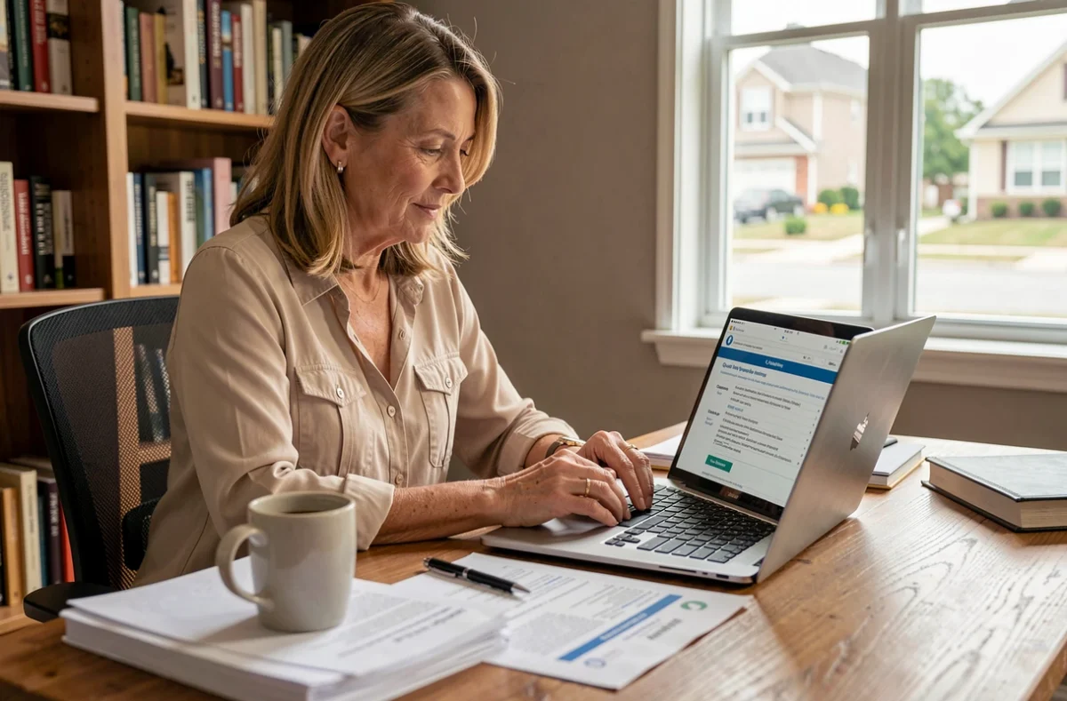 Femme comparant des offres d'assurance quad homologué route sur un ordinateur portable dans un bureau à domicile