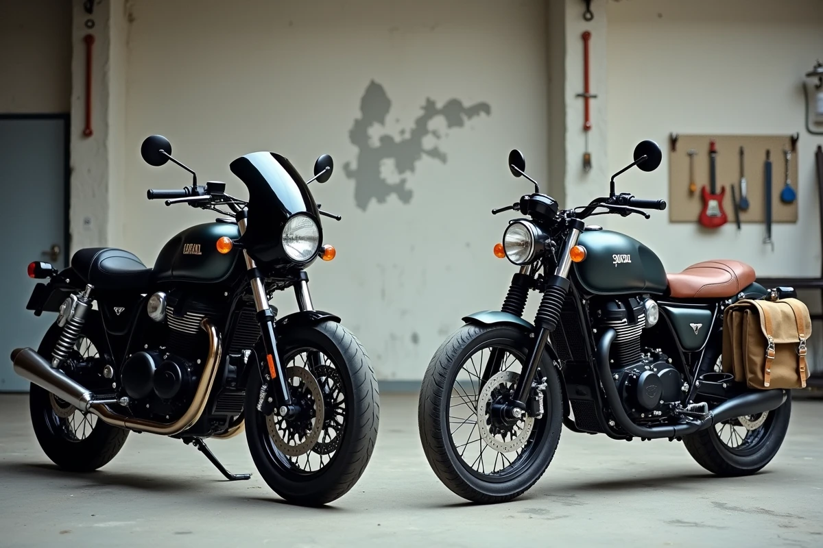 Comparaison côte à côte d'une moto café racer et d'une scrambler dans un garage urbain en béton