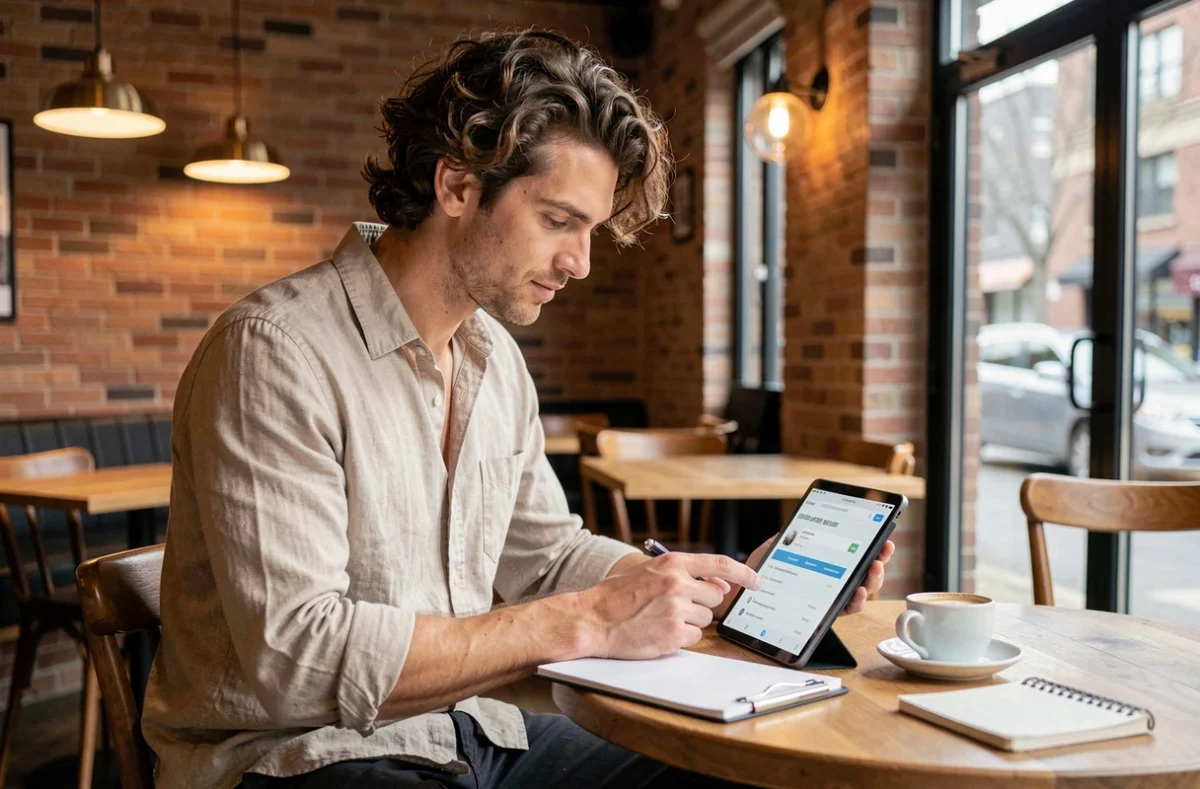 Jeune homme comparant des devis assurance auto sur tablette dans un café