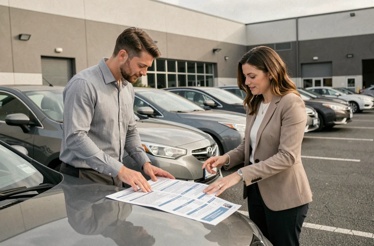 Deux professionnels comparant un devis d'assurance flotte automobile pro devant plusieurs véhicules de société dans un parking d'entreprise