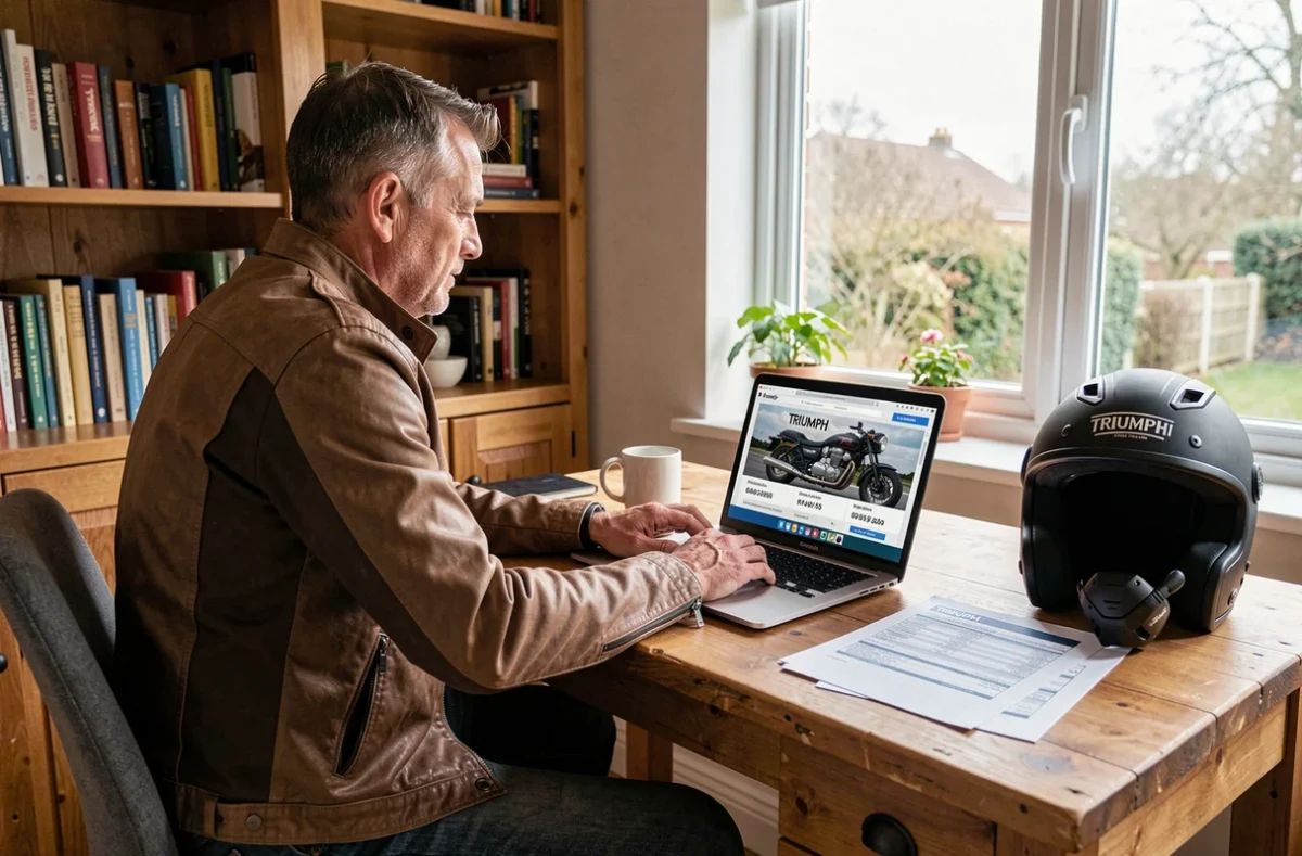 Motard comparant des devis d'assurance moto Triumph sur un ordinateur à domicile