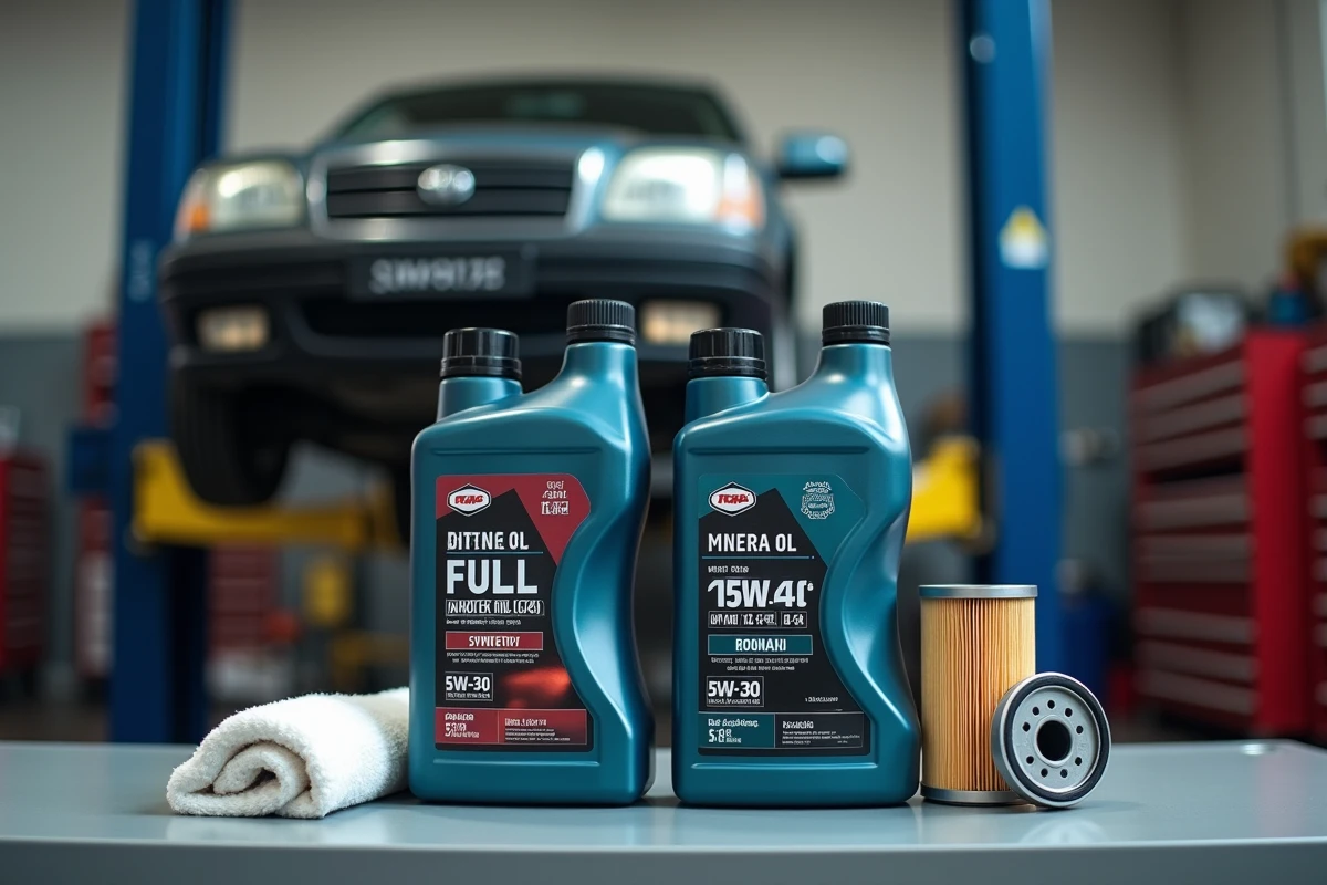 Comparaison c&ocirc;te &agrave; c&ocirc;te d'une huile moteur synth&eacute;tique et d'une huile min&eacute;rale pour Peugeot 208 sur un &eacute;tabli de garage