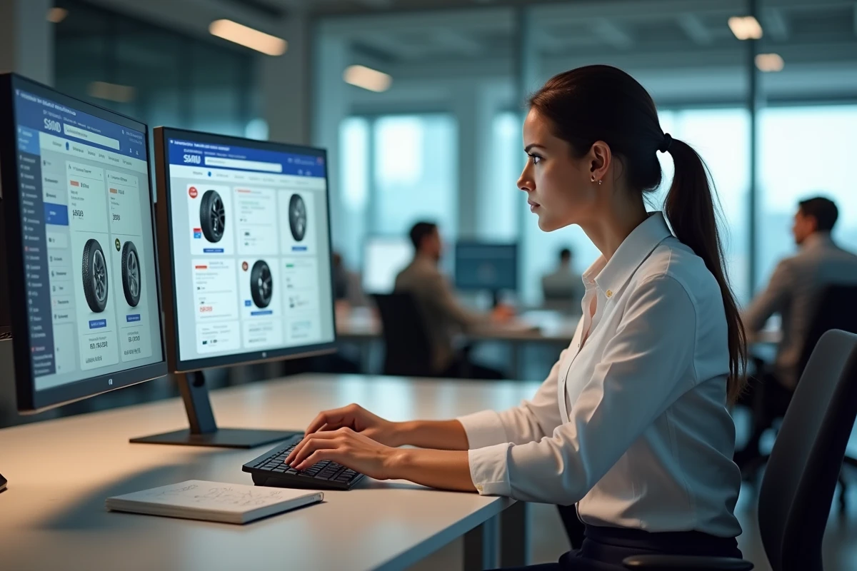 Femme d'affaires comparant des plateformes en ligne de grossistes en pneus sur un écran d'ordinateur
