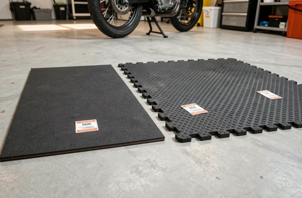 Comparaison côte à côte d'un tapis garage moto pas cher et d'un modèle premium sur sol en béton époxy